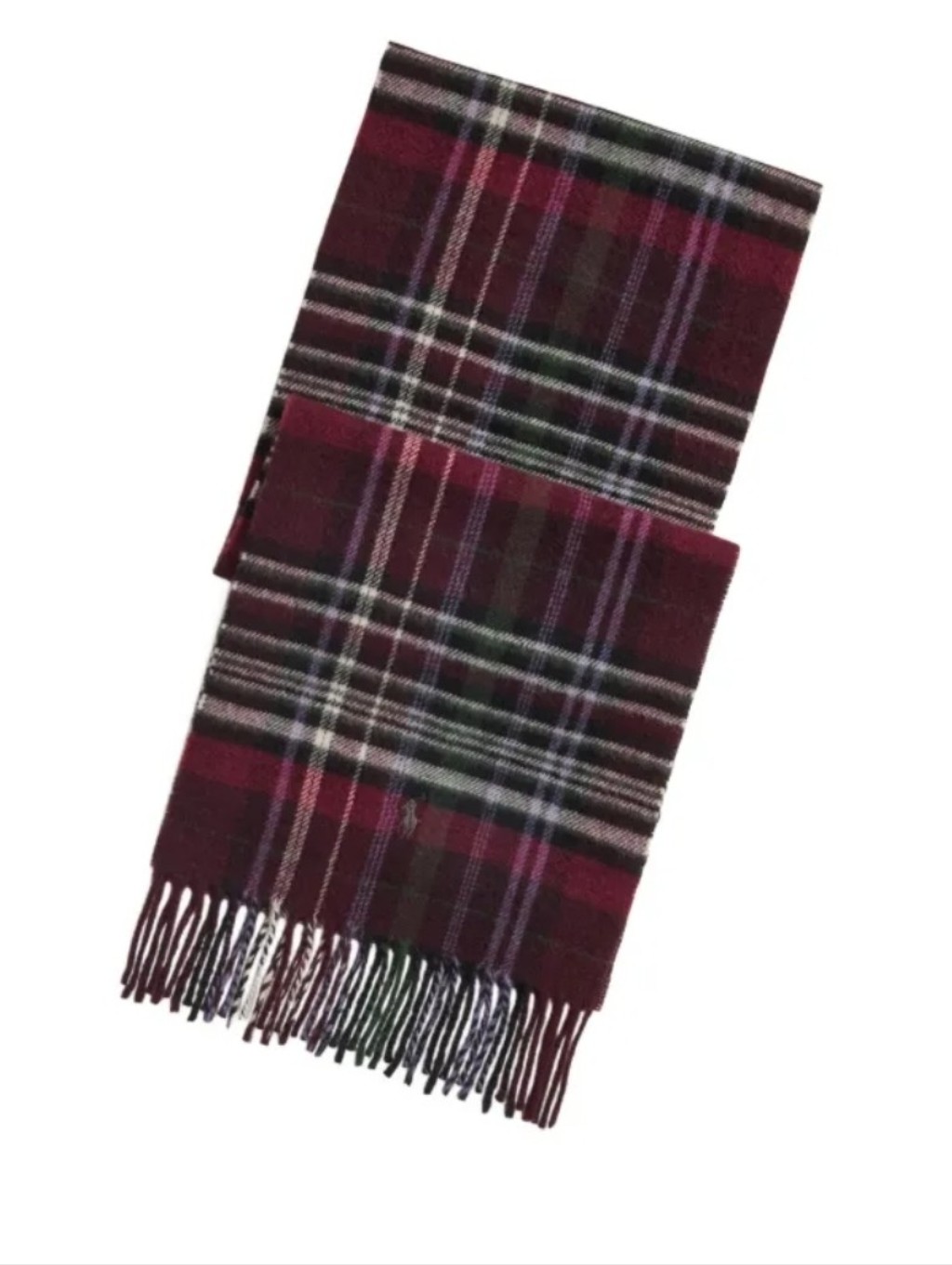 Polo By Ralph Lauren Burgundy, Green & Purple Plaid Wool Fringe Scarf